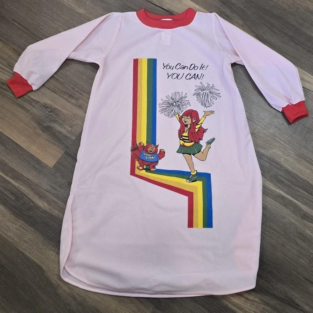 Vintage 80s 90s Girls Pink Red Rainbow LS Nightgown Dress Cheerleader New 12‎